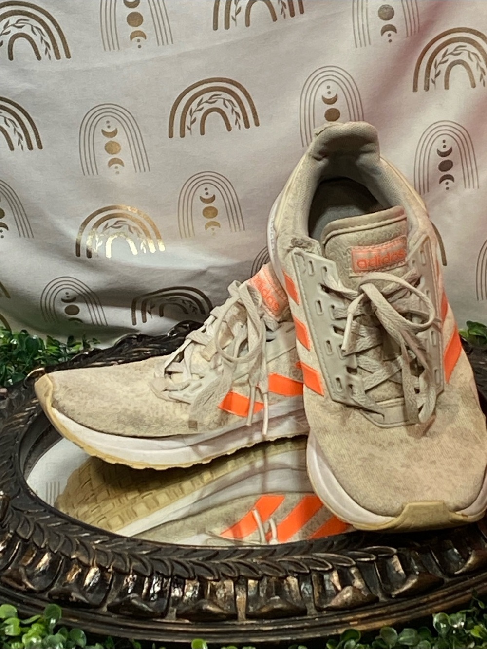 adidas Neutral Beige Running Shoes with Bright Orange Stripes